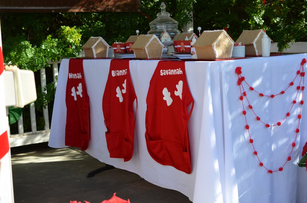 gingerbread party - side view of table with aprons