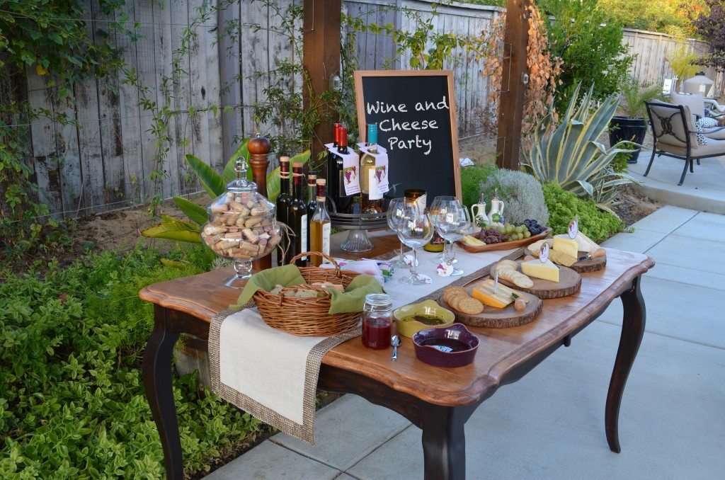 wine and cheese party side view of table