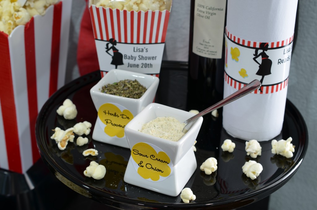 Ready To Pop Baby Shower Red - upclose of porcelain trays of seasoning for popcorn