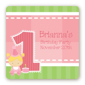 1st Birthday Girl - Square Personalized Birthday Party Sticker Labels