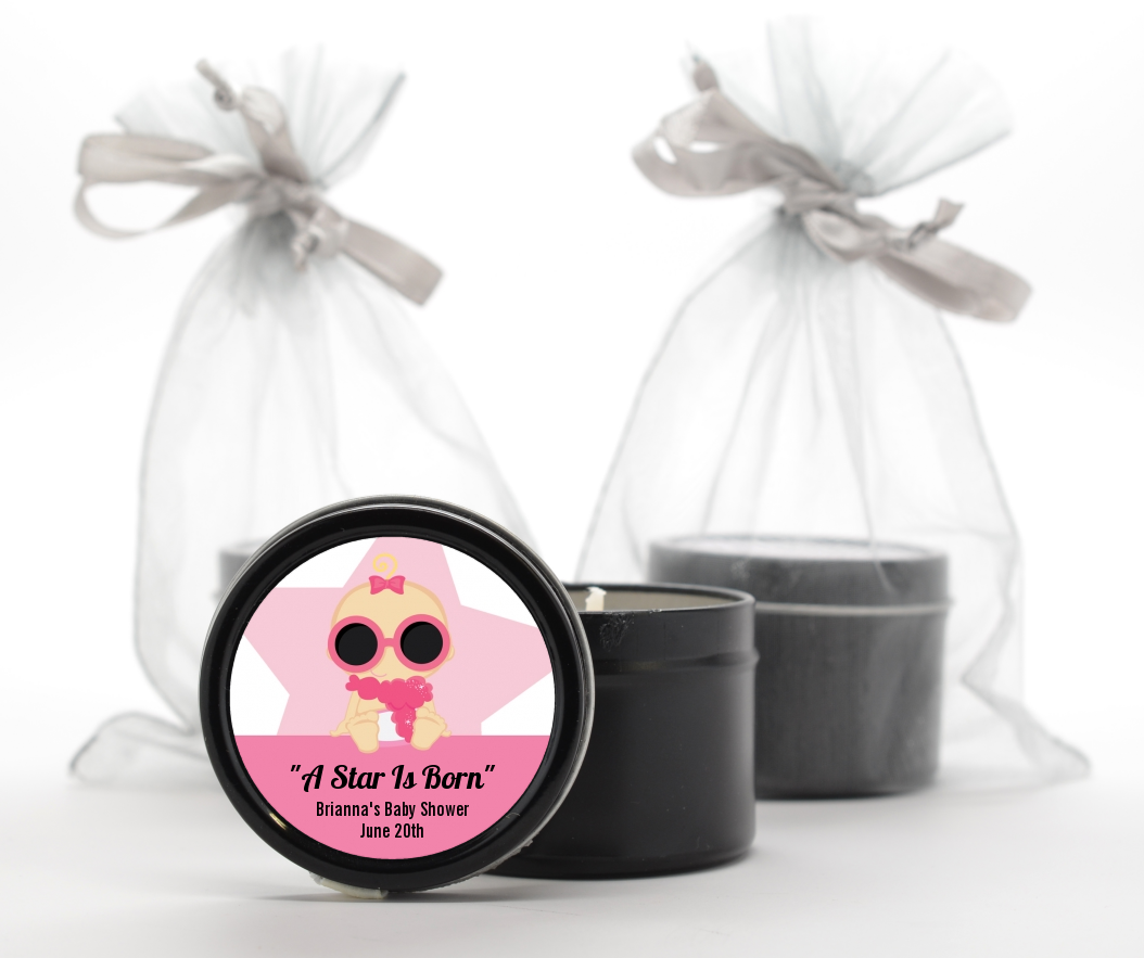  A Star Is Born Hollywood White|Pink - Baby Shower Black Candle Tin Favors Blonde Hair