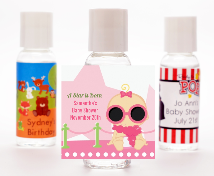  A Star Is Born Hollywood White|Pink - Personalized Baby Shower Hand Sanitizers Favors African American