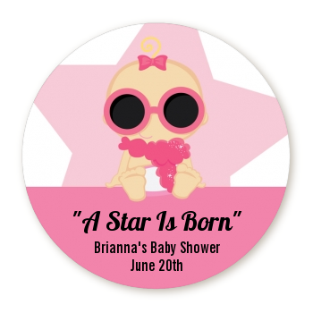  A Star Is Born Hollywood White|Pink - Round Personalized Baby Shower Sticker Labels Blonde Hair