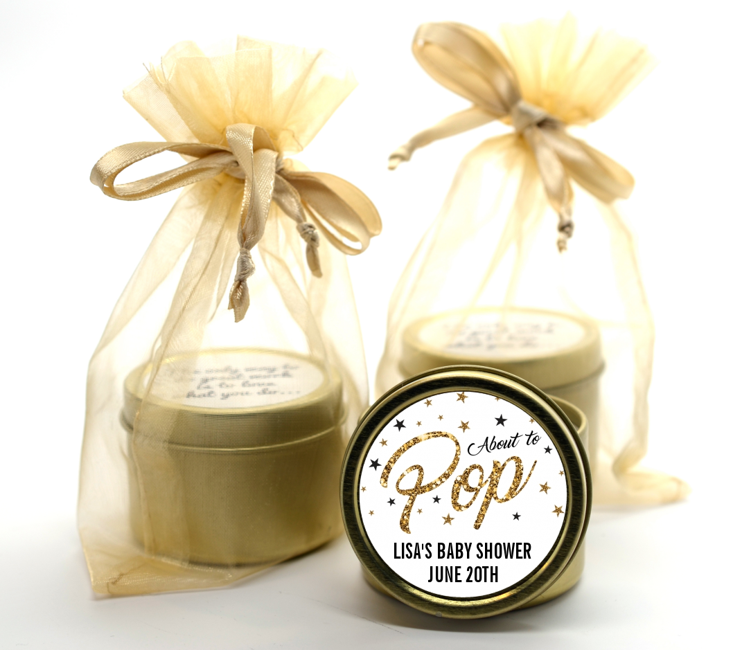  About To Pop Glitter - Baby Shower Gold Tin Candle Favors Option 1