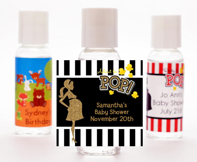  About To Pop Gold Glitter - Personalized Baby Shower Hand Sanitizers Favors Option 1
