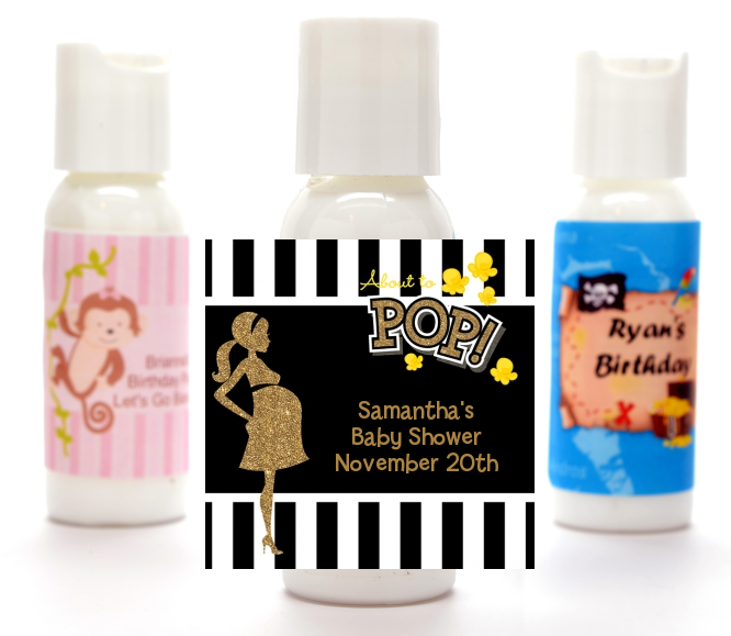  About To Pop Gold Glitter - Personalized Baby Shower Lotion Favors Option 1