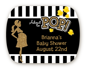  About To Pop Gold Glitter - Personalized Baby Shower Rounded Corner Stickers Option 1