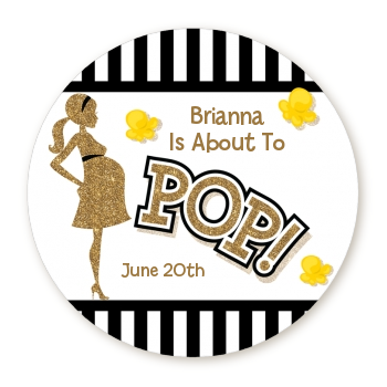  About To Pop Gold Glitter - Round Personalized Baby Shower Sticker Labels Option 1