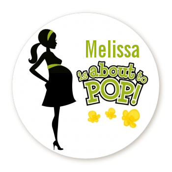  About To Pop Mommy Green - Round Personalized Baby Shower Sticker Labels 