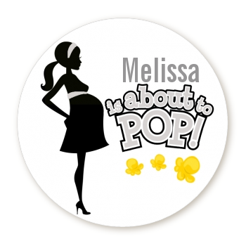  About To Pop Mommy Grey - Round Personalized Baby Shower Sticker Labels 
