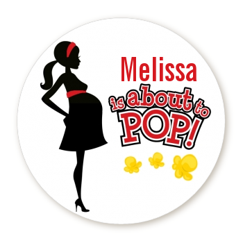  About To Pop Mommy Red - Round Personalized Baby Shower Sticker Labels 