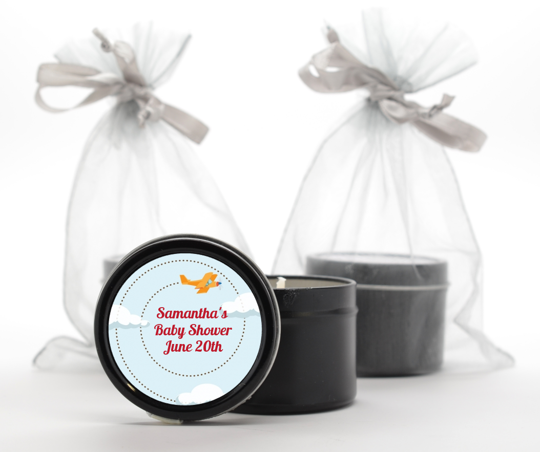  Airplane in the Clouds - Birthday Party Black Candle Tin Favors blue / orange