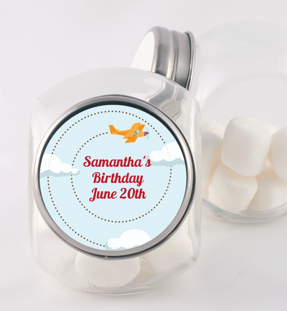  Airplane in the Clouds - Personalized Birthday Party Candy Jar blue / orange