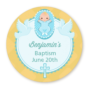  Baby Boy - Round Personalized Baptism / Christening Sticker Labels Option 1