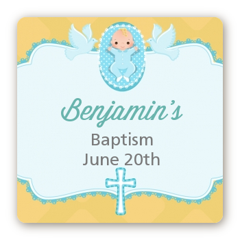  Baby Boy - Square Personalized Baptism / Christening Sticker Labels Option 1