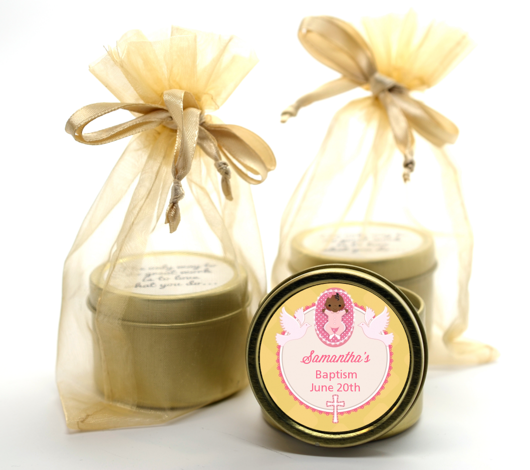  Baby Girl - Baptism / Christening Gold Tin Candle Favors Option 1