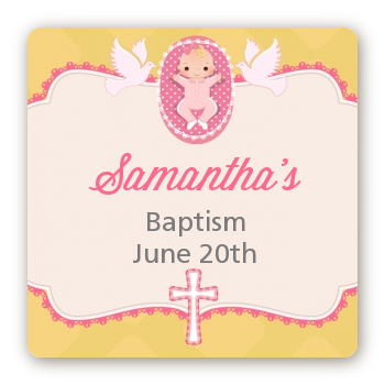  Baby Girl - Square Personalized Baptism / Christening Sticker Labels Option 1