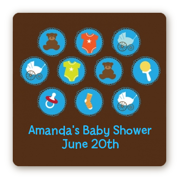 Baby Icons Blue - Square Personalized Baby Shower Sticker Labels