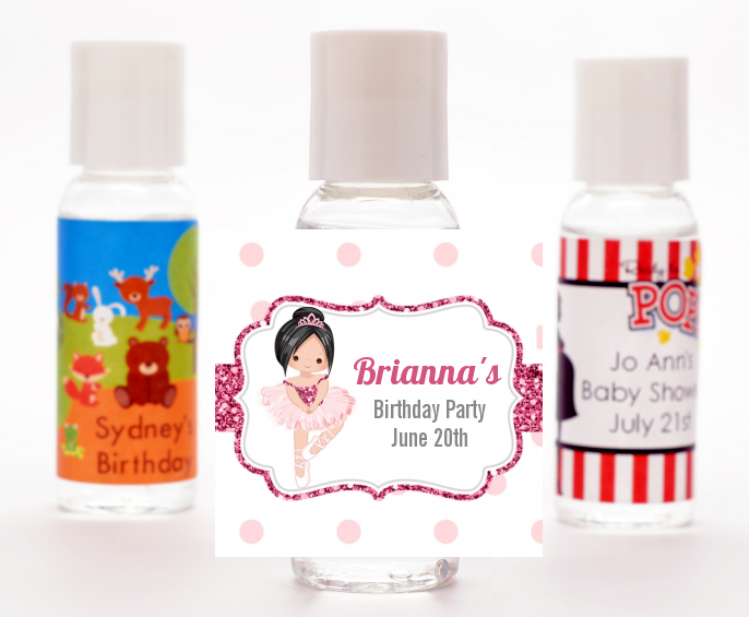  Ballerina - Personalized Birthday Party Hand Sanitizers Favors Black Hair