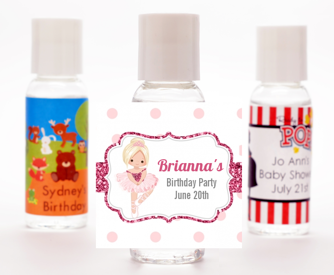  Ballerina - Personalized Birthday Party Hand Sanitizers Favors Black Hair