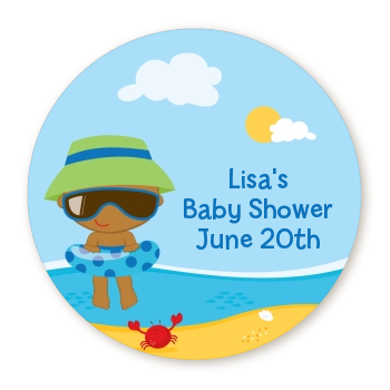  Beach Baby African American Boy - Round Personalized Baby Shower Sticker Labels 
