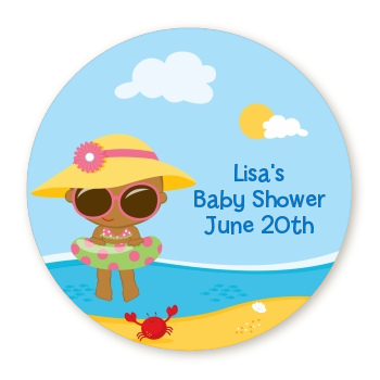  Beach Baby African American Girl - Round Personalized Baby Shower Sticker Labels 