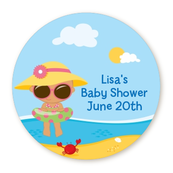  Beach Baby Hispanic Girl - Round Personalized Baby Shower Sticker Labels 