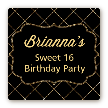 Black and Gold Glitter - Square Personalized Birthday Party Sticker Labels