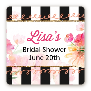 Black And White Stripe Floral Watercolor - Square Personalized Bridal Shower Sticker Labels