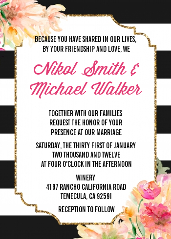 Black And White Stripe Floral Watercolor - Bridal Shower Invitations