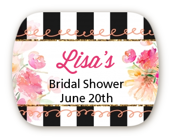 Black And White Stripe Floral Watercolor - Personalized Bridal Shower Rounded Corner Stickers