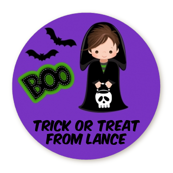  Boy Cape Costume - Round Personalized Halloween Sticker Labels Option 1
