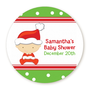  Christmas Baby Caucasian - Round Personalized Baby Shower Sticker Labels 