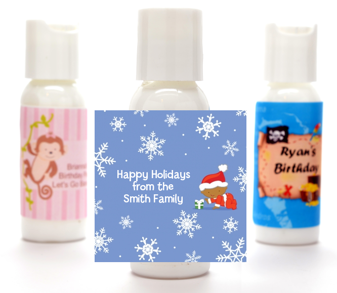  Christmas Baby Snowflakes African American - Personalized Christmas Lotion Favors Blue
