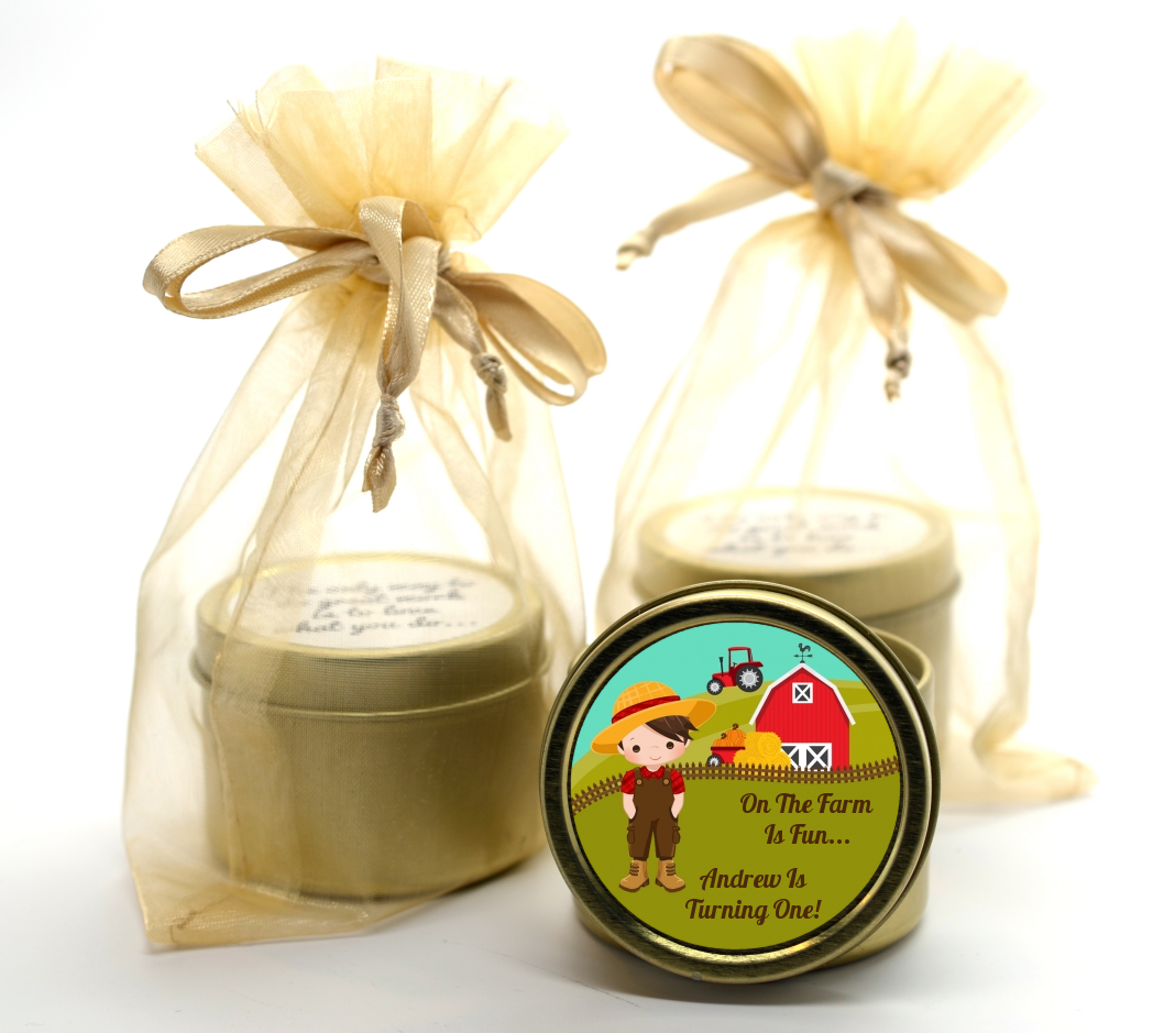  Country Boy On The Farm - Birthday Party Gold Tin Candle Favors Option 1 - Brown Hair