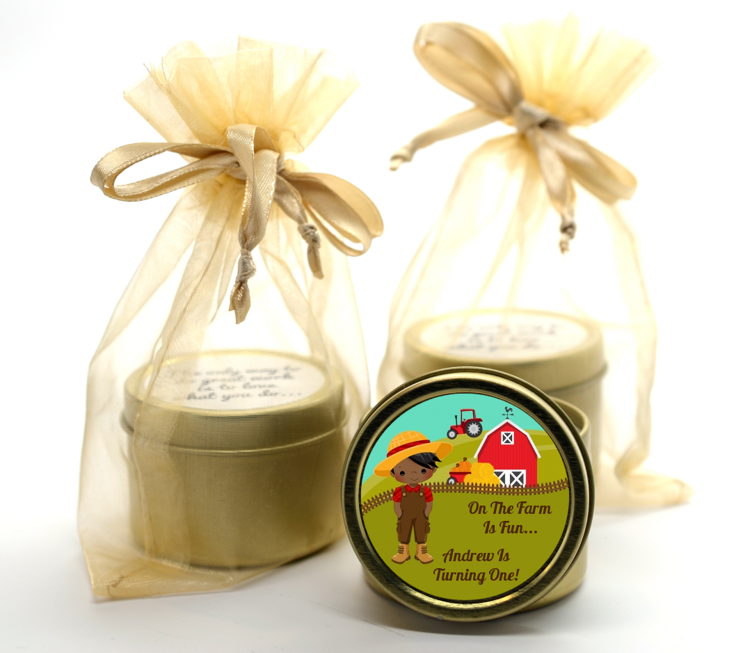  Country Boy On The Farm - Birthday Party Gold Tin Candle Favors Option 1 - Brown Hair