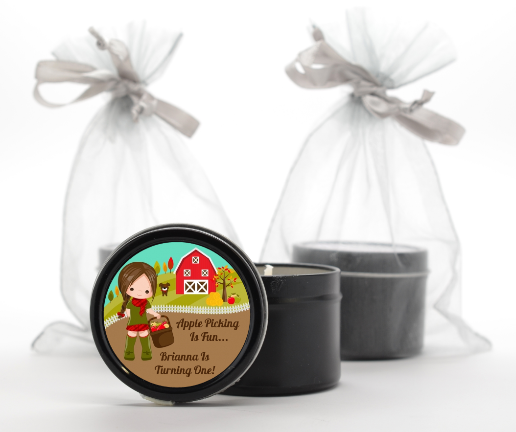  Country Girl Apple Picking - Birthday Party Black Candle Tin Favors Option 1 - Brown Hair