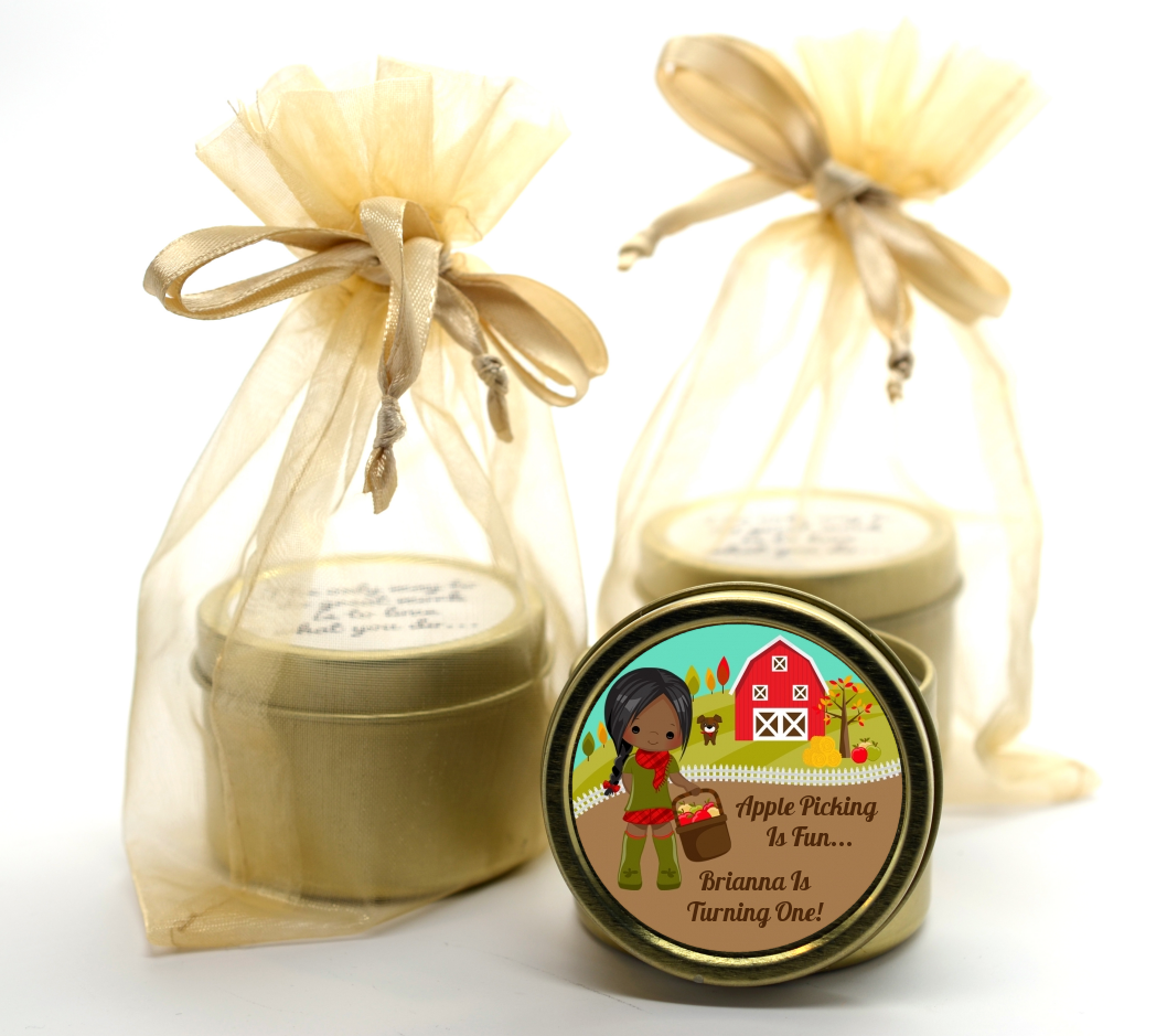  Country Girl Apple Picking - Birthday Party Gold Tin Candle Favors Option 1 - Brown Hair