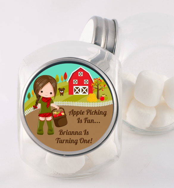  Country Girl Apple Picking - Personalized Birthday Party Candy Jar Option 1 - Brown Hair