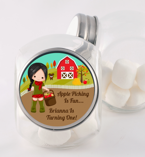  Country Girl Apple Picking - Personalized Birthday Party Candy Jar Option 1 - Brown Hair