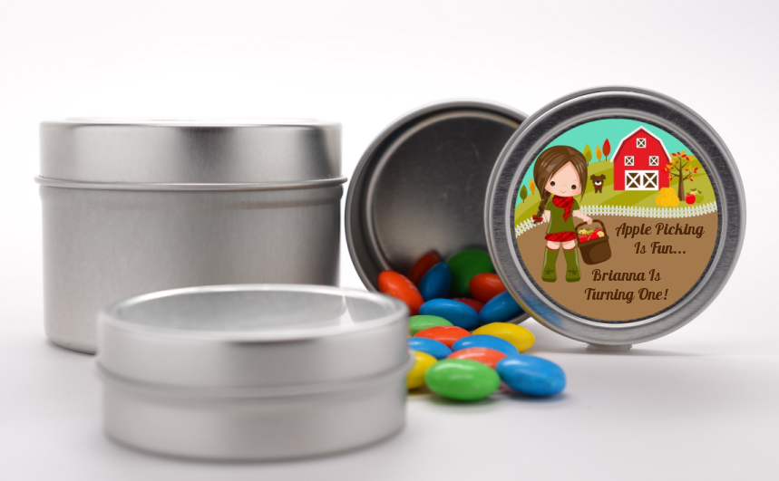  Country Girl Apple Picking - Custom Birthday Party Favor Tins Option 1 - Brown Hair