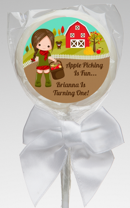  Country Girl Apple Picking - Personalized Birthday Party Lollipop Favors Option 1 - Brown Hair