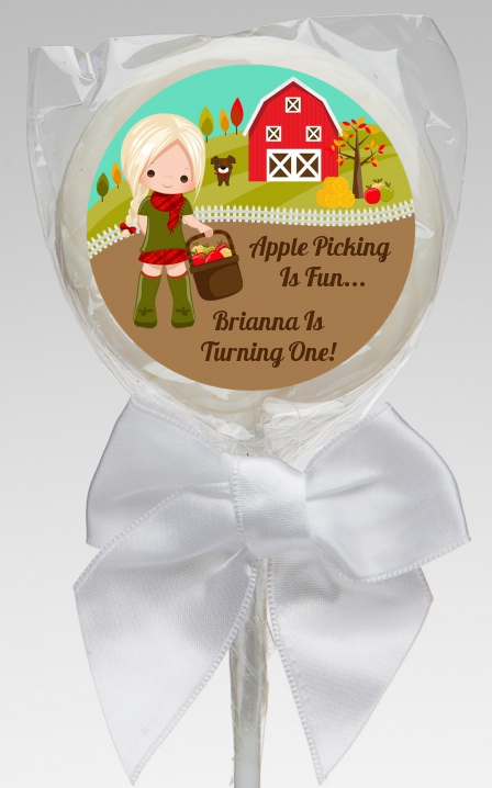  Country Girl Apple Picking - Personalized Birthday Party Lollipop Favors Option 1 - Brown Hair