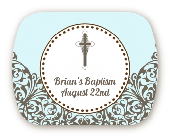 Cross Blue & Brown - Personalized Baptism / Christening Rounded Corner Stickers