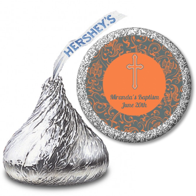 Cross Grey & Orange - Hershey Kiss Baptism / Christening Sticker Labels