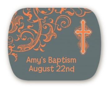 Cross Grey & Orange - Personalized Baptism / Christening Rounded Corner Stickers