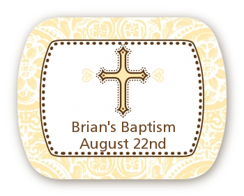 Cross Yellow & Brown - Personalized Baptism / Christening Rounded Corner Stickers