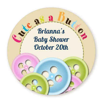  Cute As a Button - Round Personalized Baby Shower Sticker Labels Blue and Pink