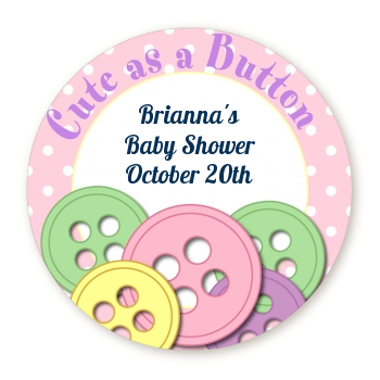  Cute As a Button - Round Personalized Baby Shower Sticker Labels Blue and Pink