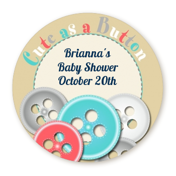  Cute As a Button - Round Personalized Baby Shower Sticker Labels Blue and Pink